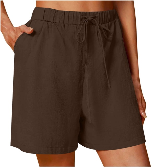 VEKDONE Summer Cotton Linen Shorts for Women Elastic High Waisted Wide Leg Pants Summer Loose Fit Drawstring Short Pants Solid Color Half Pant with Pockets