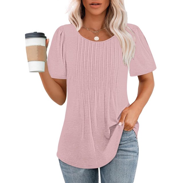 Meichang Hauts pour Femmes T-Shirts à devant Plissé Chic Décontracté Manches Courtes Col Rond T-Shirts Chemises Unies Coupe Ample Tunique Confortable