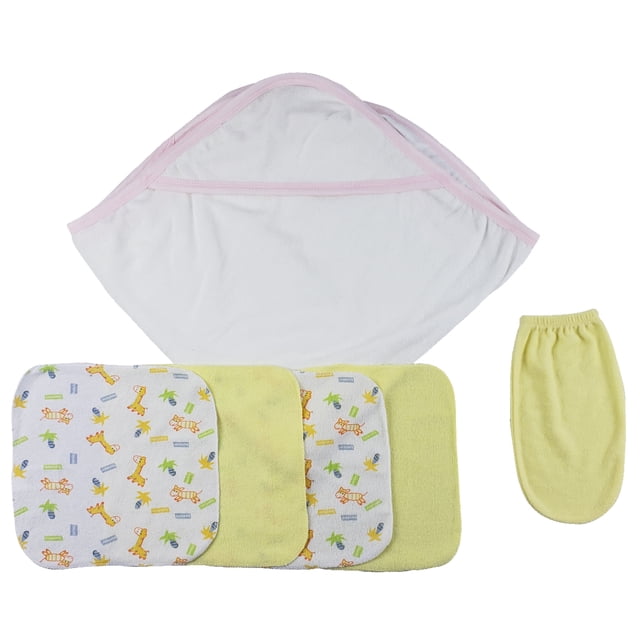 Pink Hooded Towel, Washcloths and Hand Washcloth Mitt - 6 Pc Set