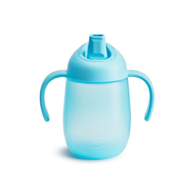 Munchkin 7oz Simple Clean™ Trainer Cup in blue with gentle-grip handles and a soft silicone spout that tucks into the twist-in-place lid for spill-proof use, featuring a translucent body with an embossed logo, designed for easy cleaning and toddler feeding.