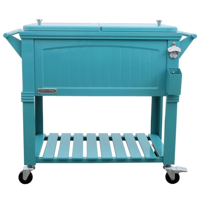 Permasteel Glacière Roulante de Patio en de Style Antique en Acier Thermolaqué Sarcelle avec Bassin Isolé de 80 Qt Pouvant Contenir jusqu'à 110 Canettes, avec Couvercles Doubles, Ouvre-Bouteille avec Récupérateur de Bouchon, Deux Poignées, Tablette à Lattes Inférieures et Quatre Roulettes, Dont Deux Roues Verrouillables, Convient aux Rassemblements et aux Fêtes en Plein Air.