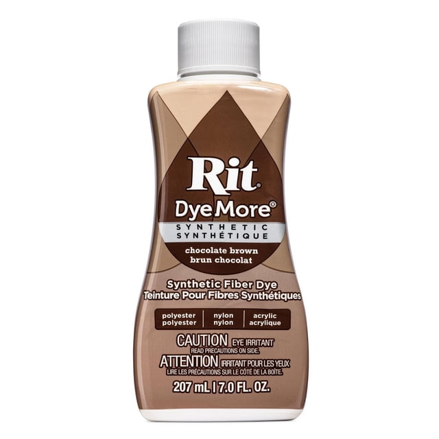 Rit Dyemore Teinture Liquide pour Fibres Synthétiques Brun Chocolat, Bouteille de 207 ml (7 fl oz) avec Bouchon à Vis Blanc, Conçue pour Teindre des Tissus en polyester, nylon et Acrylique, avec Texte Bilingue Anglais et Français sur une Étiquette Brune et beige, Idéale pour l'Artisanat des Tissus et la Teinture par Fibres Synthétiques.