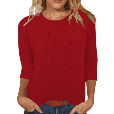 Yubnlvae T-Shirt d'Été Basique Uni à Col Rond et Manches 3/4 pour Femme – T-Shirt Décontracté Coupe Ample Rouge, G