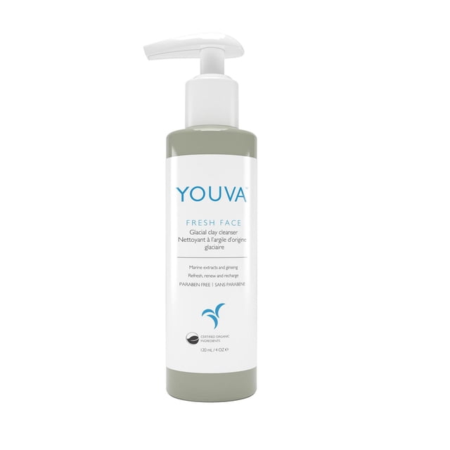 YOUVA Fresh Face Organic Glacial Clay Cleanser in a 120 ml pump bottle with a muted gray-green base and white label featuring blue and black text, highlighting natural marine extracts, ginseng, and a paraben-free formula that exfoliates and moisturizes skin for a refreshed complexion.