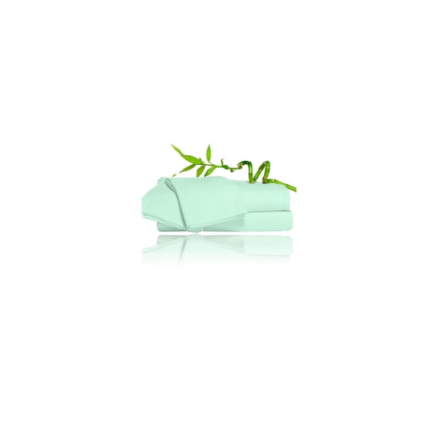 Johnson Home 450 Thread Count Bamboo Bed Sheet Set in light green, folded with a bamboo stalk on top, highlighting breathable, moisture-wicking, and hypoallergenic fabric for year-round comfort and eco-friendly bedding.