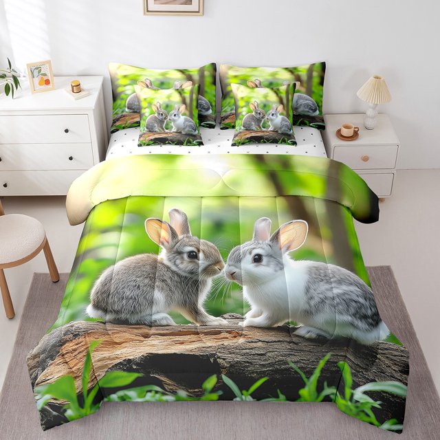 Rabbit 7 Piece Comforter Set Full Bed In A Bag,Tree Branch Bedding Sets Green Grass Sheet Set With Comforter,Wild Animals Bed Set