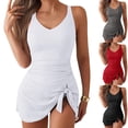 thumbnail image 4 of Women's One Piece Swimsuit Solid Color Bathing Suit with Side Slit & Shirring, Tummy Control Swim Dress for Resort, 4 of 4