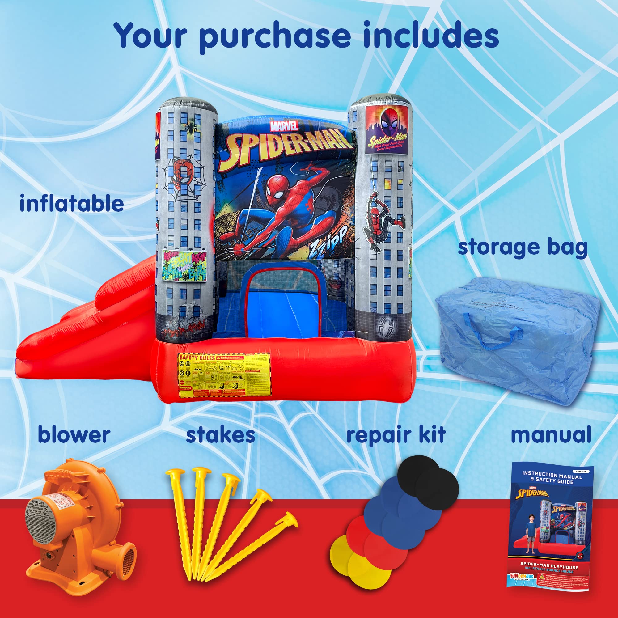 Funormous Disney Spider-Man Outdoor Inflatable Bounce House with Slide, Plus Heavy Duty Air Blower with GFCI for Kids Ages 3-8 Years