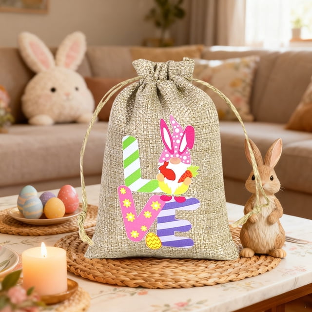 Fridja Home Decor Clearance Easter Gift Bag Bunny Eggs Elementss Children's Easter Linen Drawstring Candy Bag