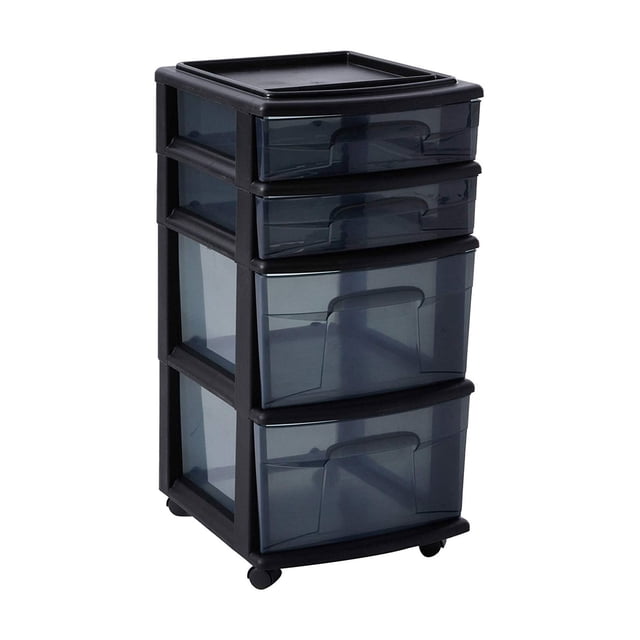 HOMZ Drawer Tower, 4-Tier Clear Plastic Rolling Storage Cart Organizer, Black/Smoke