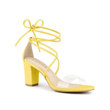 BLISSFUL STEP Women's Clear Strap Block Heel Lace up Heels Sandals Yellow (Size 7.5)