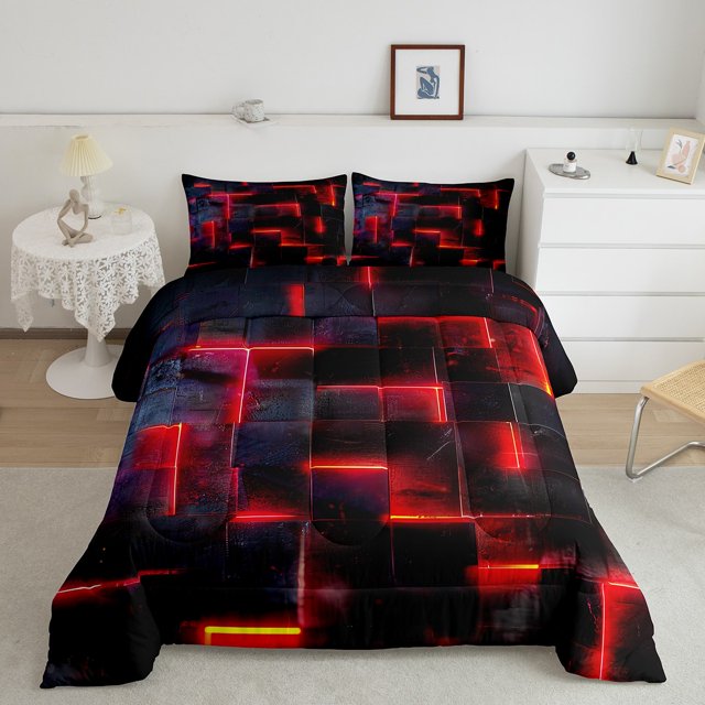 YST Neon Red and Black Twin Comforter Set for Boys Girls,3D Checkered Geometric Bedding Set,Abstract Square Grid Comforter Set Lightweight Soft,Glowing Geometry Quilt Bed Set 2Pcs