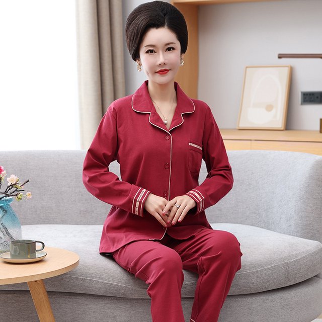 REDHOTYPE Mode Femmes Matures Pyjama Dames Simples Pantalons à Manches Longues Coton Grande Taille Col Rond Vêtements à la Maison Deux Pièces