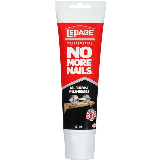 LePage No More Nails tube Adhésif de Construction Tout Usage à Prise Instantanée, 177 ml, avec Étiquette Rouge et Noire Montrant une Tablette en Bois Tenant un Haltère, Graphique pour Illustrer une Prise Instantanée Forte, Bouchon à Vis Blanc, Idéal pour Coller le Bois, les Cloisons Sèches, la Céramique, le Béton et la Maçonnerie dans les Projets d'Amélioration Domiciliaire.