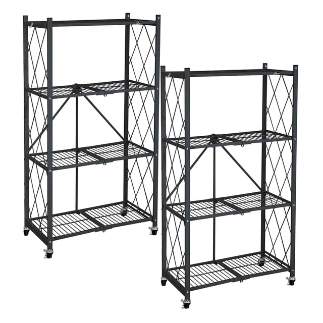 Origami Étagère de Garage Pliante à 4 Niveaux, Support Roulant, Lot de 2, Noir
