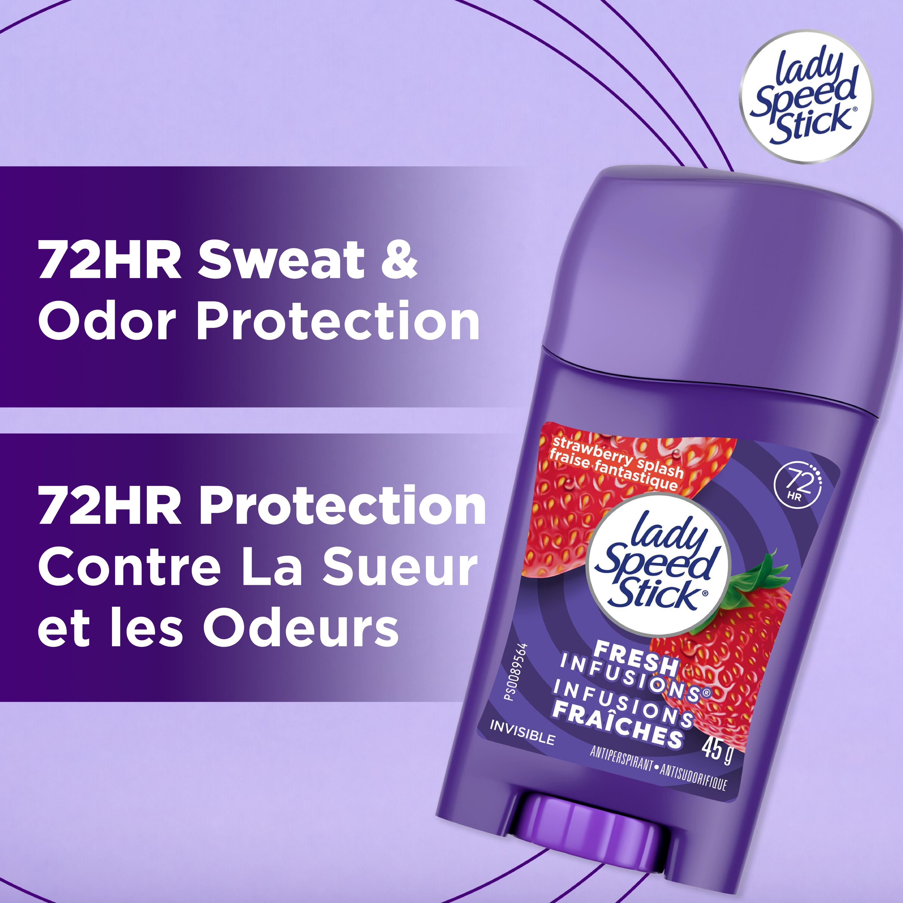 Déodorant antisudorifique Lady Speed Stick Fresh Infusions pour femmes, protection de 72 heures contre les odeurs et la transpiration, Invisible Dry, parfum Fraise fantastique, bâton de 45 g