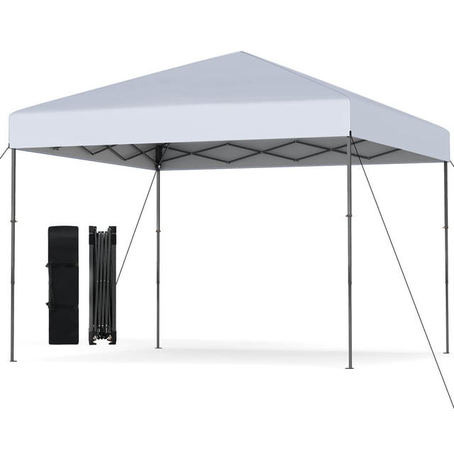 Costway Abri à Déploiement Rapide 10 x 10 Pi avec Toit en Tissu oxford Blanc et Revêtement Argenté pour protection Solaire UPF50+. la Tente Présente un Cadre Métallique Robuste avec Connexions à Treillis, 3 Réglages de Hauteur Ajustables (8,3/8,8/9,3 Pi), et Comprend 8 Piquets de Sol et 4 Cordes Coupe-Vent pour la Stabilité. un Sac de Transport portable et un Cadre Pliable Sont Présentés à Côté de la Tente, Mettant en Valeur Son Installation et Sa Portabilité Faciles. Convient aux Activités de Plein Air comme le camping, les festivals et les Rassemble