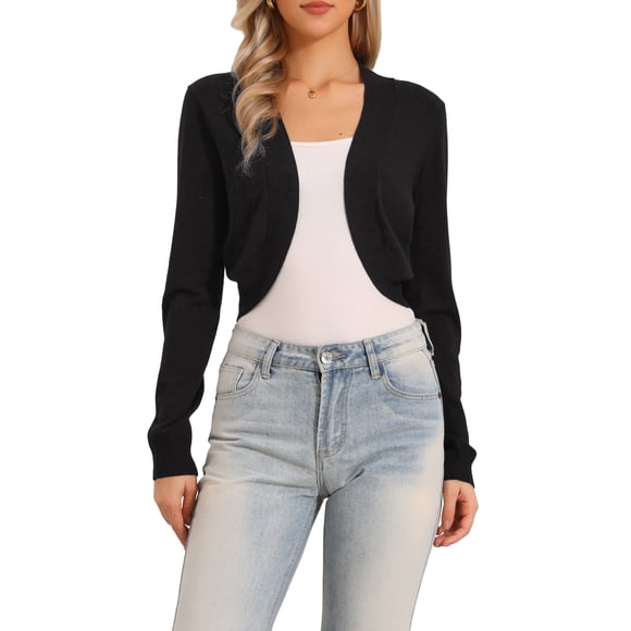 INSPIRE CHIC Long Sleeve Cropped Cardigan Sweaters for Women Open Front Bolero Shrug for Dresses L Black