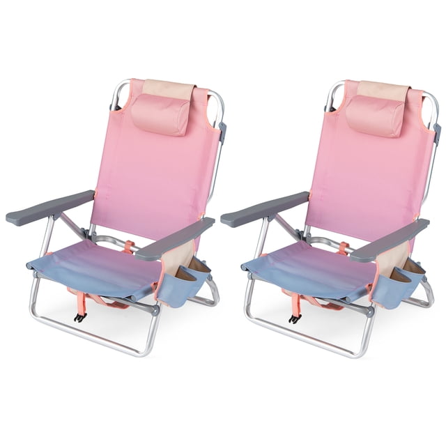 Costway Lot de 2 Chaises de Plage Pliantes Type Sac à Dos, Chaises Inclinables d'Extérieur à 5 Positions avec Oreiller, Rose