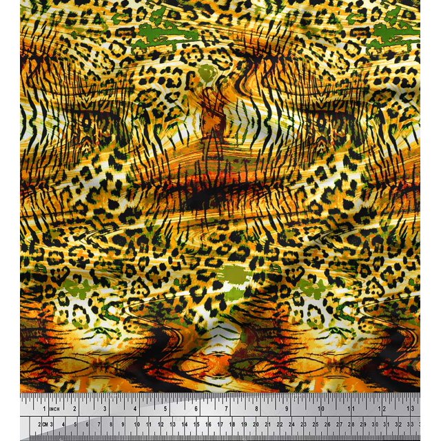 Soimoi Gold Georgette Viscose Fabric Leopard & Tiger Animal Skin Print Fabric by Yard 44 Inch Wide