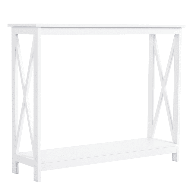 HOMCOM Table Console en Bois Tiroir de Rangement Étagère Présentoir d'Entrée Blanc Table d'Entrée, Vue Frontale avec Dessus Rectangulaire en MDF, un Tiroir Peu Profond avec Bouton, Étagère de Rangement Inférieure Ouverte et supports Latéraux en X pour la Stabilité, Convient à l'Utilisation dans le Couloir Ou le Salon.