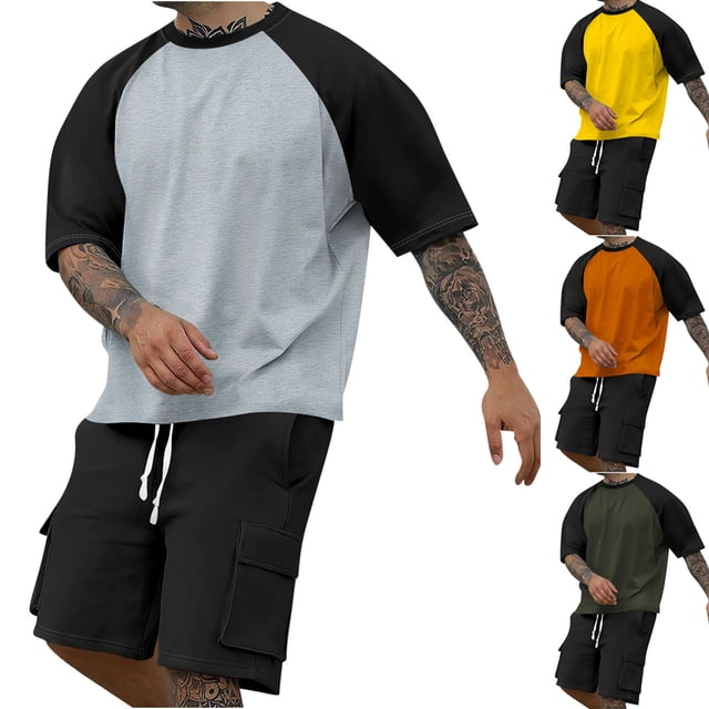 JDQJBZ Ensemble 2 Pcs pour Homme, T-Shirt Raglan à Manches Courtes à Col Ras du Cou et Short avec Poche, Été Décontracté