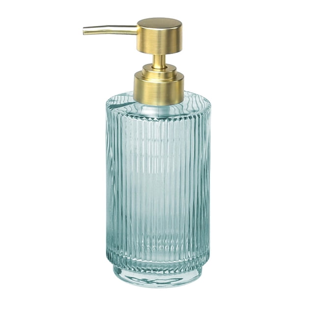 hometrends Rib Glass Soap Dispenser with lotion pump, clear ribbed glass body and brushed gold metal pump, designed for liquid soap or lotion in kitchen or bathroom, featuring vertical ridges for grip and vintage-inspired style.