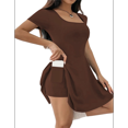thumbnail image 3 of Women's Mini Dress Square Neck Short Sleeve Ruffle Hem Dresses with Built in Shorts Brown S, 3 of 10