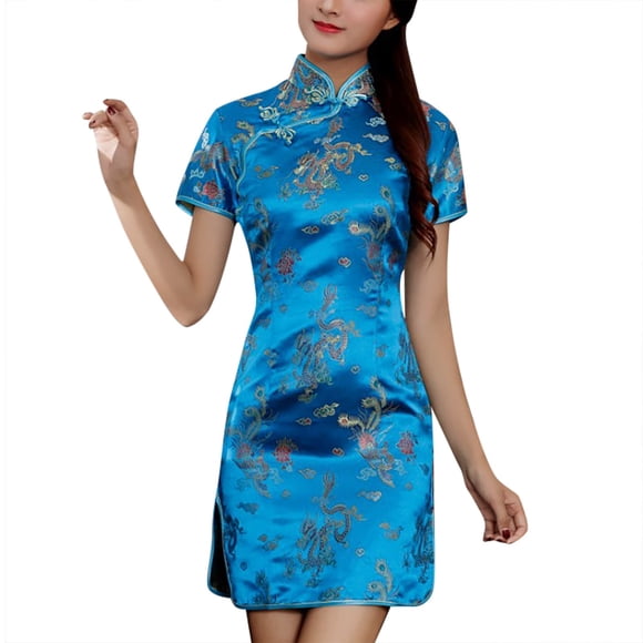 Chinese Qipao Dress Elegant Short Sleeve Cheongsam for Women Traditional Performance Party Wedding