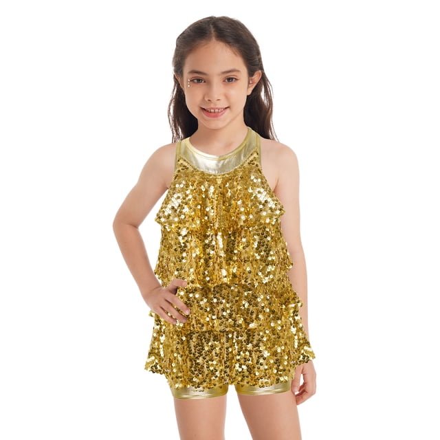 TiaoBug Girls Sleeveless Shiny Sequins Halter Tassel Mini Dress Latin Jazz Salsa Samba Rumba Unitard Dress Gold 4