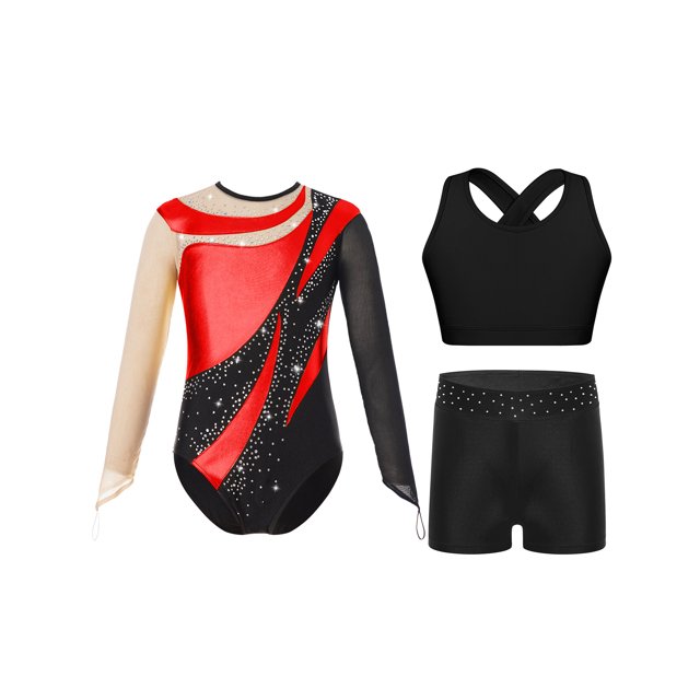 Zaldita Kids Girls Gymnastics Leotards Shiny Rhinestones Mesh Back Keyhole Unitards Jumpsuits with Crop Tops Shorts Red 10