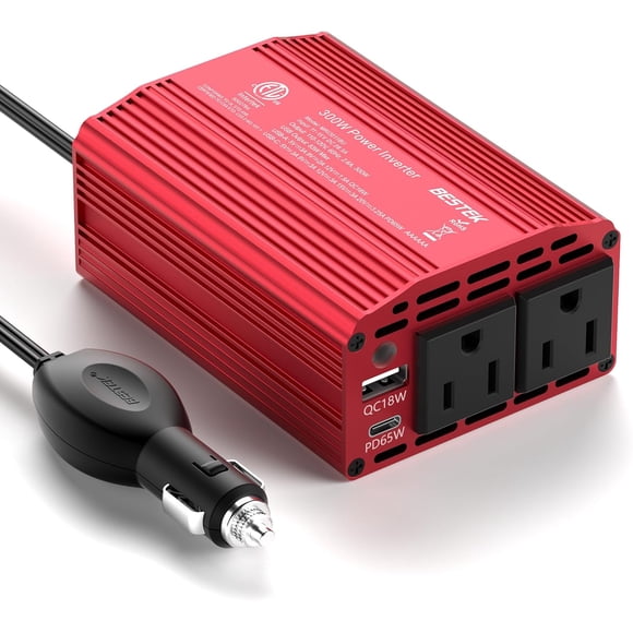 BESTEK Onduleur de Voiture 300W avec Ports USB-C 65W et QC3.0 - Convertisseur CA 12V CC vers 110V pour Véhicules avec Multi-Protection - Rouge