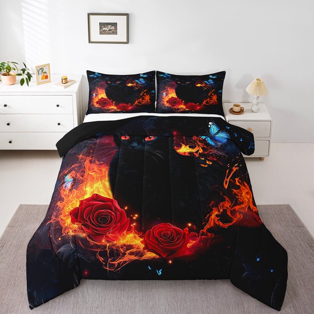 Ensemble de Douillette Chat Noir Simple pour Garçons Filles Enfants Rose Rouge Literie Florale Literie Papillon Bleu Ensembles de Douillette Papillon de Rêve Couette Insert Imprimé Chat Animal Cool Courtepointe pour Ado