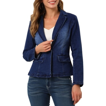 INSPIRE CHIC Veste en Denim Délavé pour Femme à Revers Cranté, Boutonnée, Manches Longues, Bleu, TG