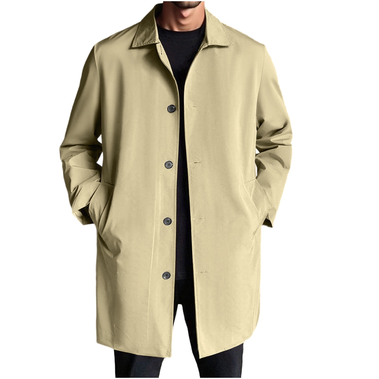 WRKEKC Men's Wool Blend Topcoat Classic Lapel Collar Long Sleeve Overcoat with Button Front and Pockets for Business Casual and Office Wear in Solid Color Beige L