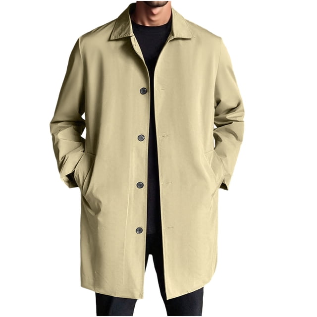 WRKEKC Men's Wool Blend Topcoat Classic Lapel Collar Long Sleeve Overcoat with Button Front and Pockets for Business Casual and Office Wear in Solid Color Beige L