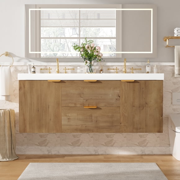 [Video]59.3 Inch Double Sink Bathroom Vanity with SMC Top, MDF Cabinet, Soft Close Doors, Divided Drawers, Wall-Mounted Modern Storage Vanity for Large Bathrooms