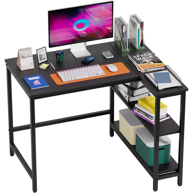 FDW L-Shaped Gaming Desk 39 Inch Corner Desks, Reversible Side Storage Shelves Metal Frame PC Work Table for Home Office Dorm Sturdy Writing, Black