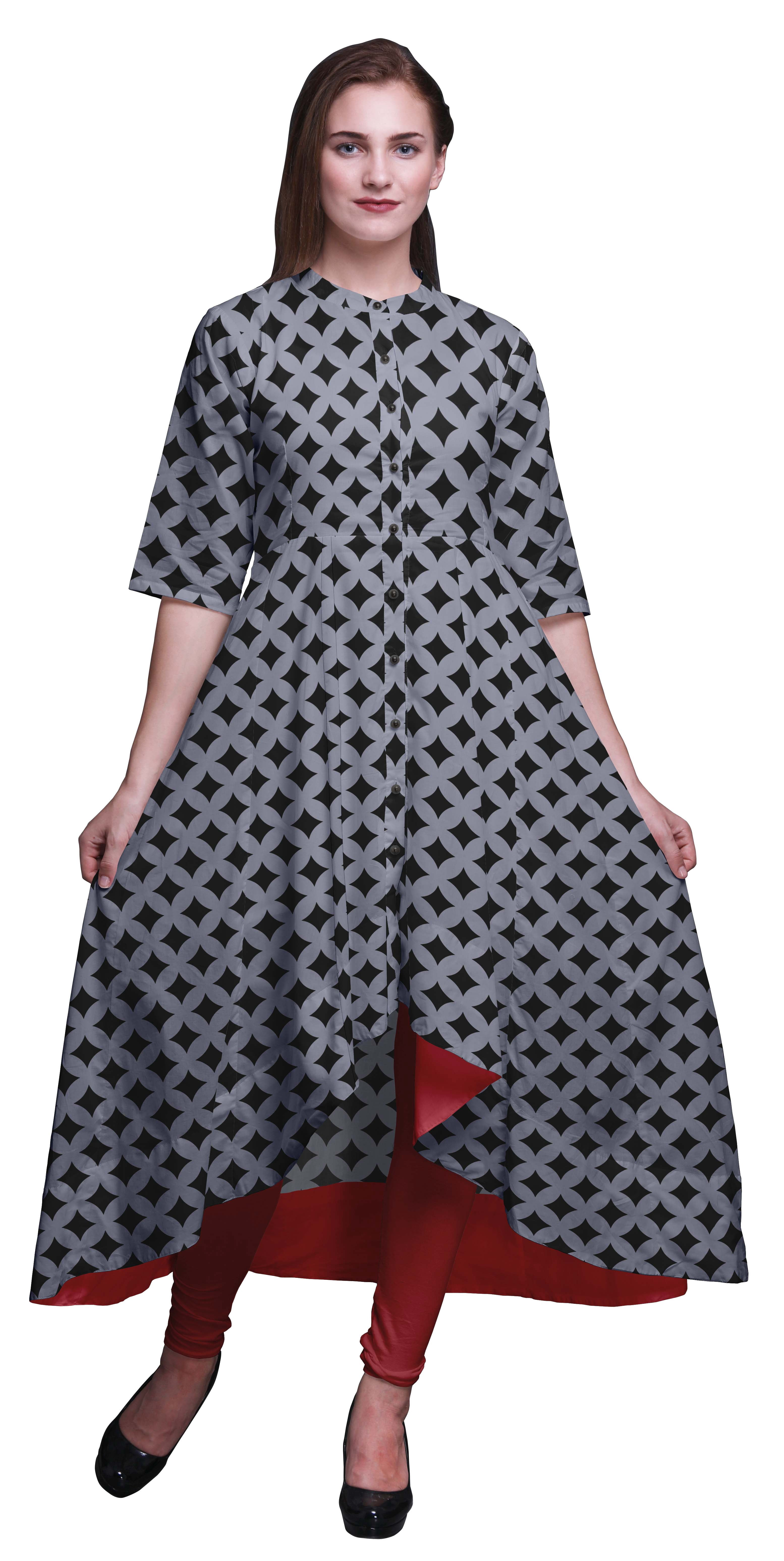 Bimba Robe Asymétrique Anarkali Kurti Imprimée pour Femmes, Gris, Courbe, Losanges Géométriques, Tenue Ethnique Indienne - Moyen