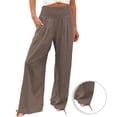 thumbnail image 1 of lcziwo Womens Linen Palazzo Pants Elastic Smocked High Waist Wide Leg Beach Lounge Pants Trousers with Pockets,Brown,XL, 1 of 7