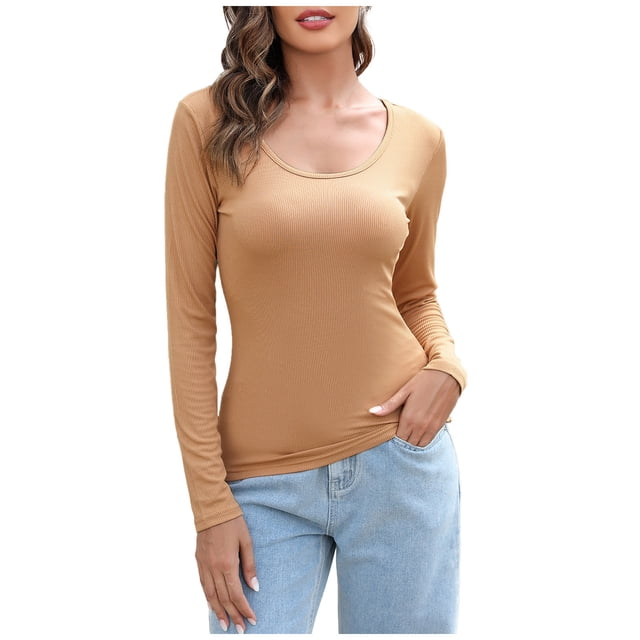 Timegard Hauts pour Femmes Col Rond Côtelé Manches Longues T-Shirt Basique sous-Vêtements Automne Décontracté Ample Hauts