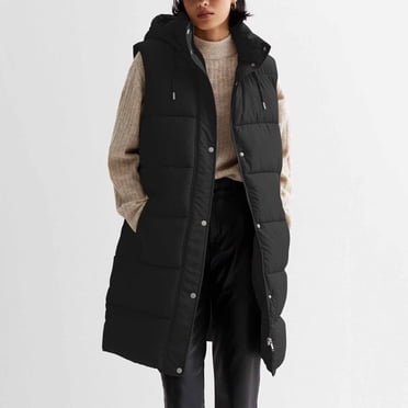 Amzcrzy Doudoune Sans Manches pour Femmes, Couleur Unie, à Capuche, Doudoune Sans Manches pour Femmes, Chaude pour l'Hiver, Gilet Gonflé Sans Manches Décontracté, Bouton, Fermeture Éclair, Long Gilet pour Femmes avec Poches m