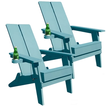 Adirondack Chairs Set of 2 ,Modern Folding Chair Plastic Outdoor Chaise with Cup Holder,for Patio Garden Yard Poolside