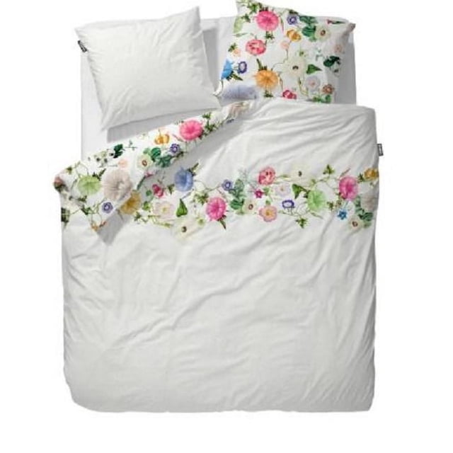 Essenza Home Duvet Cover Bedding Set with a white background and a horizontal band of colorful floral designs across the duvet and matching pillow shams, made from ultra-fine combed 100% cotton yarns offering softness, durability, and temperature regulation for year-round comfort.