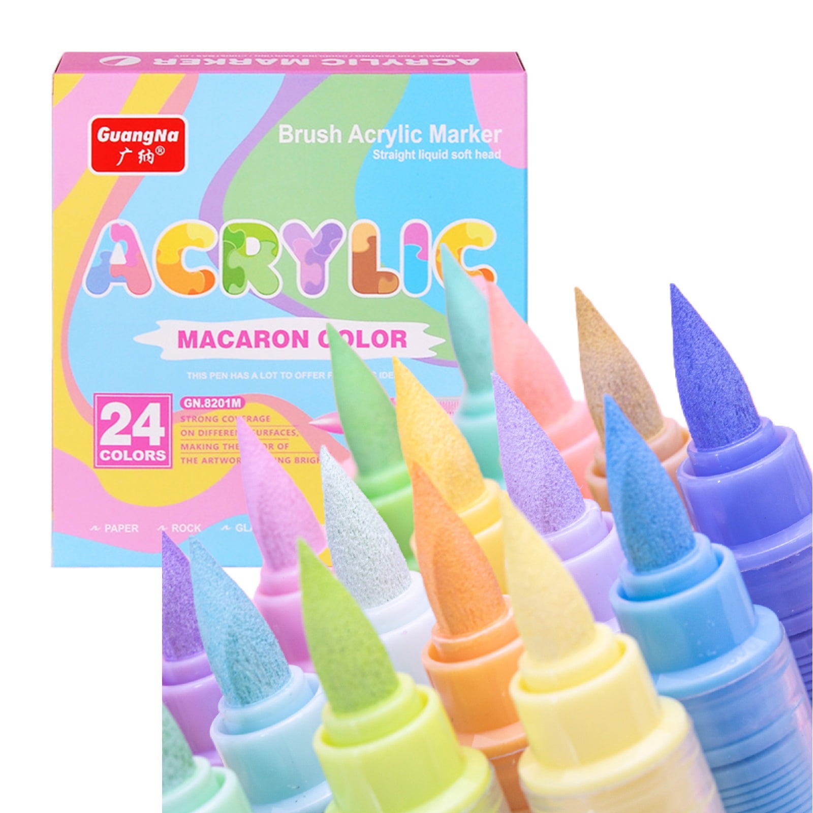 GN.8201M 24-Color Macaron Acrylic Brush Markers Set - 1-5mm Flexible Nib, Vibrant Shades Including Sakura, Mint Green & Lavender, Ideal for Drawing, Journaling & Decoration - Each Marker 11.8g, Set