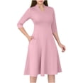 thumbnail image 1 of Robe Trapèze pour Femmes Semi-Formelle à Col en V, Manches 3/4, Couleur Unie, Robe de Travail avec Poches, Silhouette Évasée, Longueur Régulière, 1 of 9