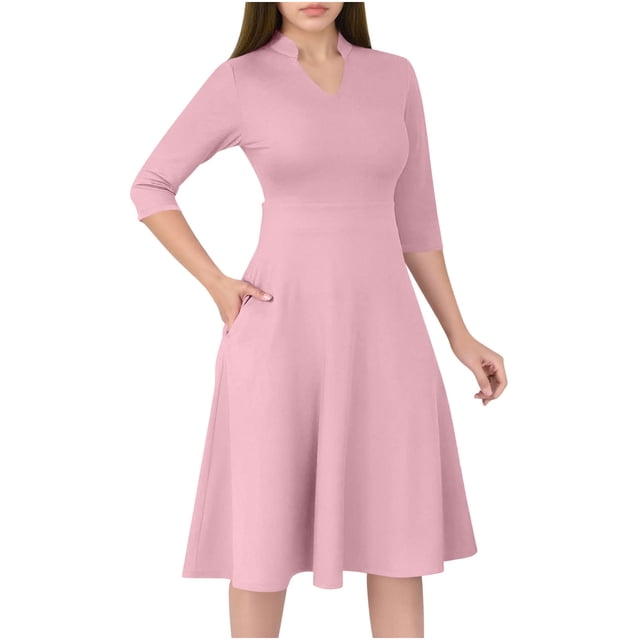 Robe Trapèze pour Femmes Semi-Formelle à Col en V, Manches 3/4, Couleur Unie, Robe de Travail avec Poches, Silhouette Évasée, Longueur Régulière
