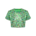 thumbnail image 1 of Haitryli T-Shirt Court à Manches Courtes pour Filles, Imprimé Coloré, Métallique Brillant, Col Rond, Costume pour Danse et Spectacle, Vert 140, 1 of 7