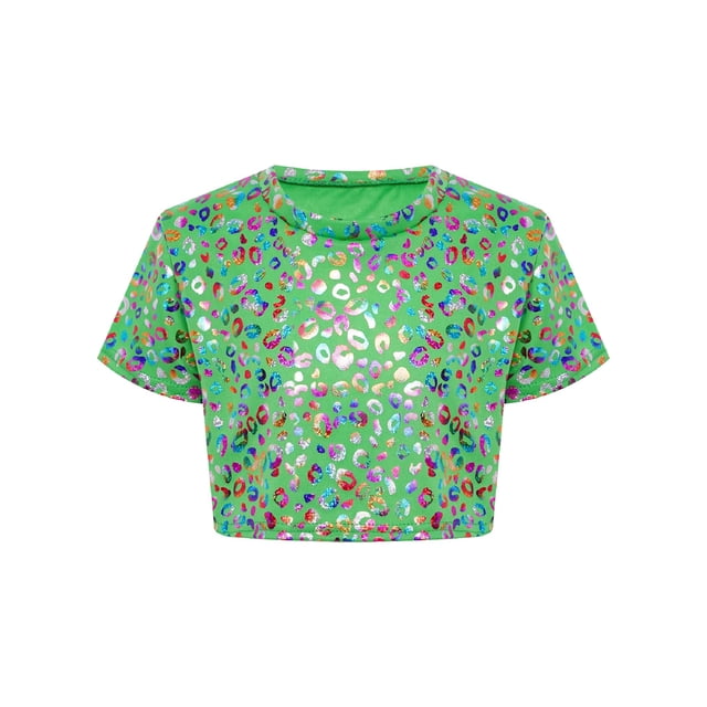 Haitryli T-Shirt Court à Manches Courtes pour Filles, Imprimé Coloré, Métallique Brillant, Col Rond, Costume pour Danse et Spectacle, Vert 140