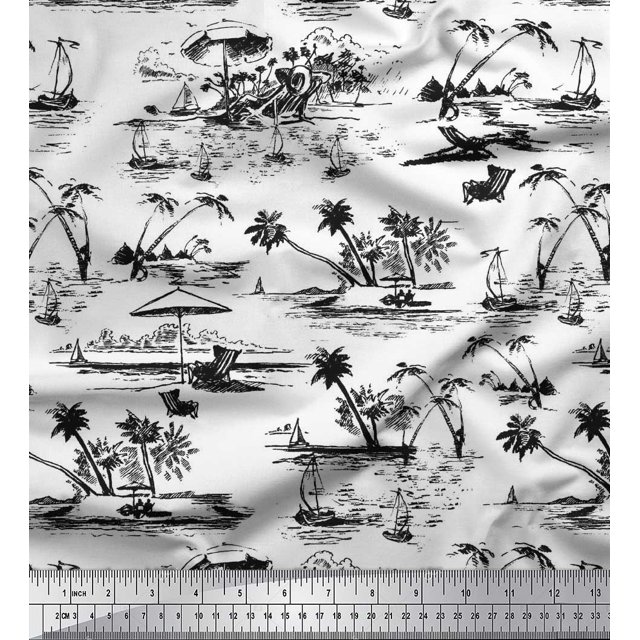 Soimoi Poly Georgette Fabric Chair,Palm Tree & Yacht Beach Print Sewing Fabric Yard 42 Inch Wide